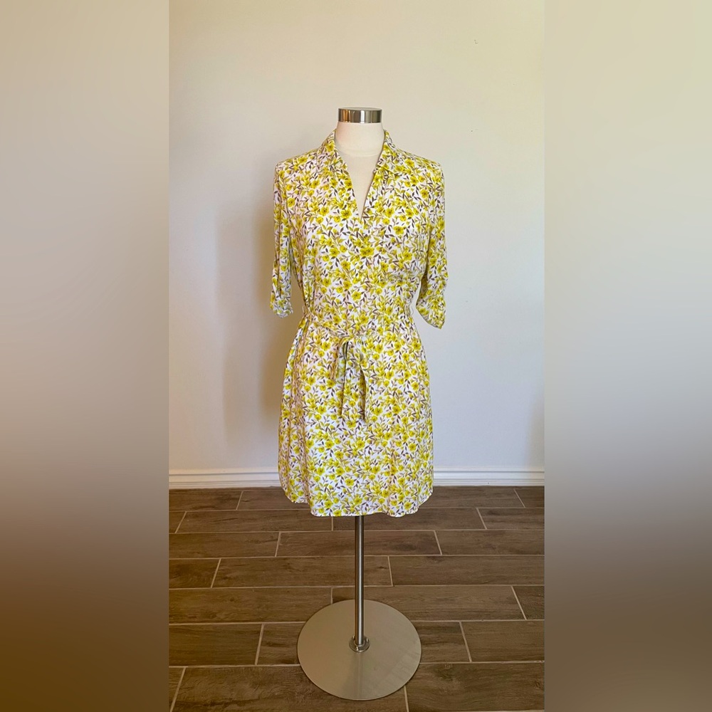 NewYork & Company Knee Length Yellow Flower Dress with Belt